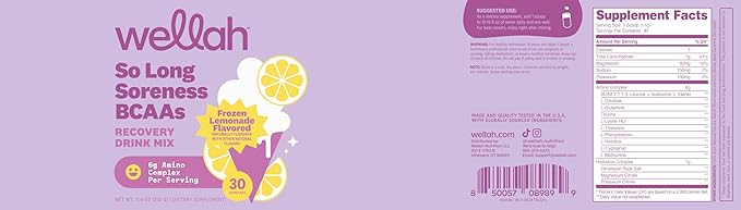 Wellah So Long Soreness BCAA Powder (Frozen Lemonade Flavored) 30 Servings - with Hydration Complex