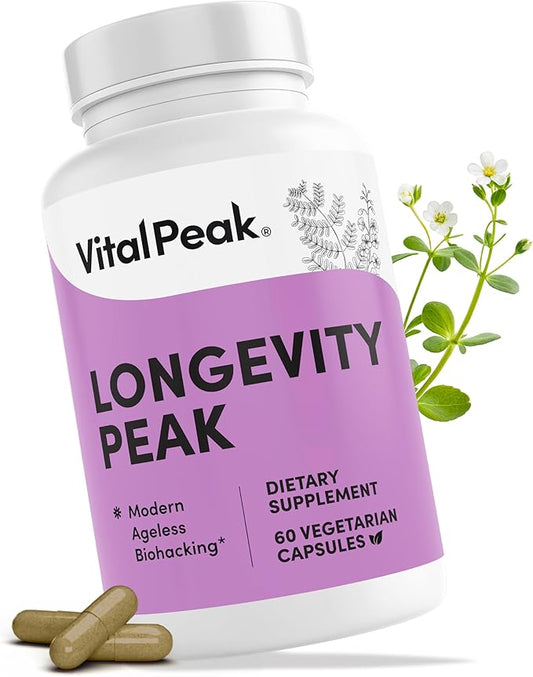 Longevity Peak - Healthy Aging & Cellular Energy Support Supplements for Women & Men - with Ashwagandha, Astragalus, Cat's Claw, Ceylon Cinnamon, L-Lysine, L-Glutamine & More - 60 Capsules