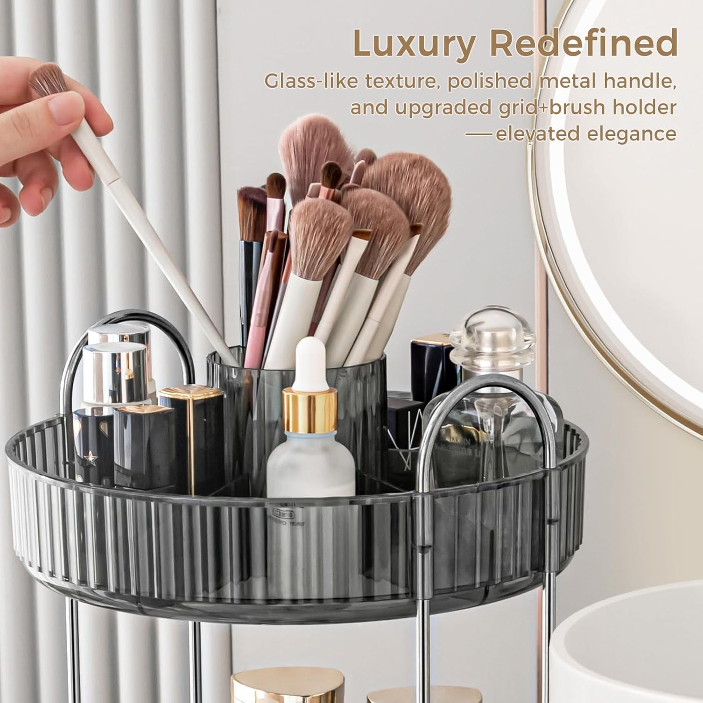 360° Rotating Makeup Organizer, Upgraded 2 Tier Skincare Perfume Organizers for Women, Bathroom Organizer Countertop, Clear Cosmetic Dresser Organizer with Makeup Brush Holder, Sink&Counter(Grey)
