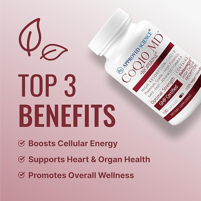 Approved Science® CoQ10 MD - Extra Strength 300mg Pure CoQ10 with Bioperine® for Faster Absorption - Optimal Support - 3 Month Supply