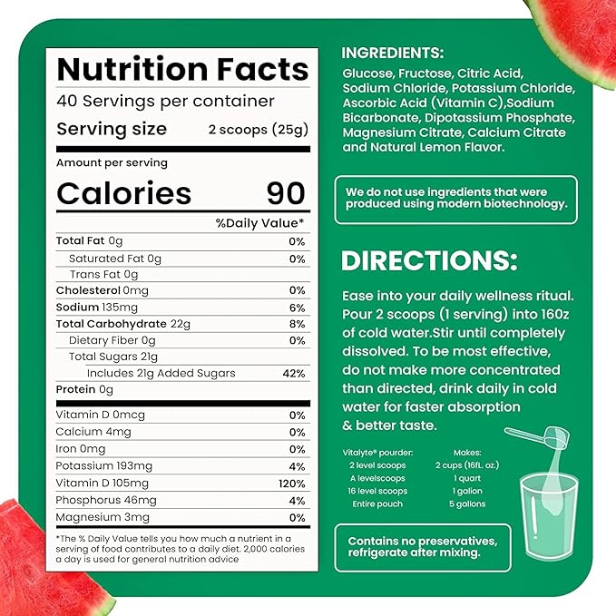 Vitalyte Electrolyte Powder Drink Mix, Isotonic Electrolyte Hydration Mix, Case Pack (6 Pack, Watermelon)