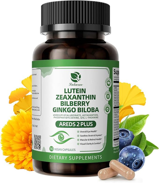 Lutein and Zeaxanthin Supplements - Advanced AREDS 2 Eye Vitamins - Bilberry Supplement for Eyes, with Astaxanthin, Ginkgo Biloba, Sodium Hyaluronate - for Eye Health & Brain Support, 90 Capsules