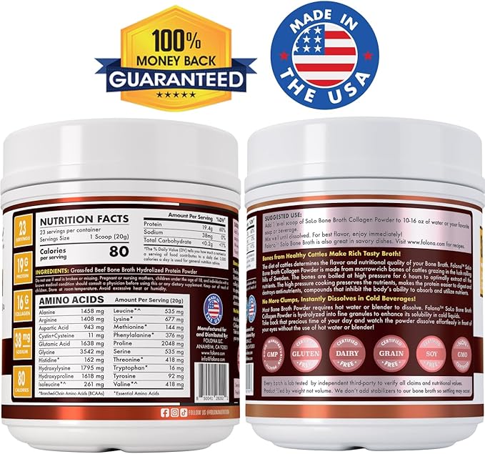 Solo Bone Broth Protein Collagen Powder Low Sodium, 16g Hydrolyzed Collagen Type I & III, for Healthy Skin, Nails, Hair, Joints & Digestion, Grass Fed, 1 lb (Canister - Net Wt. 1 lb. Powder)
