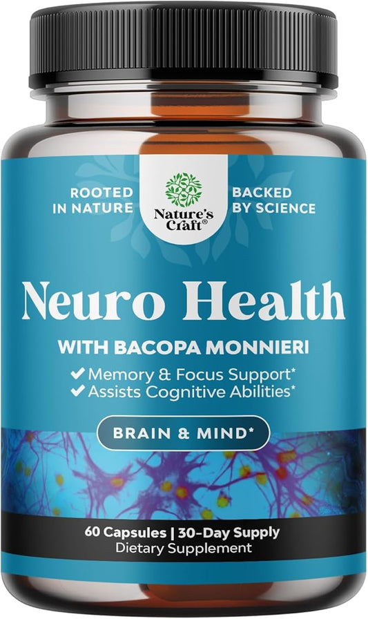 Nootropic Brain Supplement for Memory and Focus Support - Vitamins for Mental Health & Clarity with Bacopa Monnieri, VIT A, B6, Riboflavin, Niacin, Thiamin & Folate - Cognitive Complex - 60 Ct
