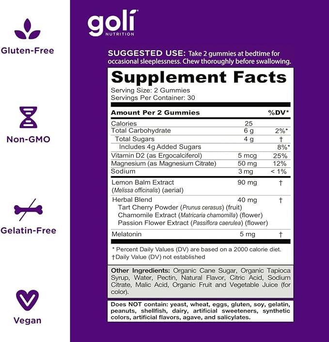 Goli Dreamy Sleep Gummy - 180 Count - Melatonin, Vitamin D, Magnesium, and Lemon Balm Extract - Gelatin-Free, Gluten-Free, Vegan & Non-GMO