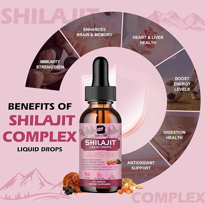 Shilajit Resin Liquid Drops | Organic Shilajit 85+ Trace Minerals Complex with Ashwagandha, Turmeric, Ginseng, Chaga Supplement for Digestion Support, Energy Booster - Vegan