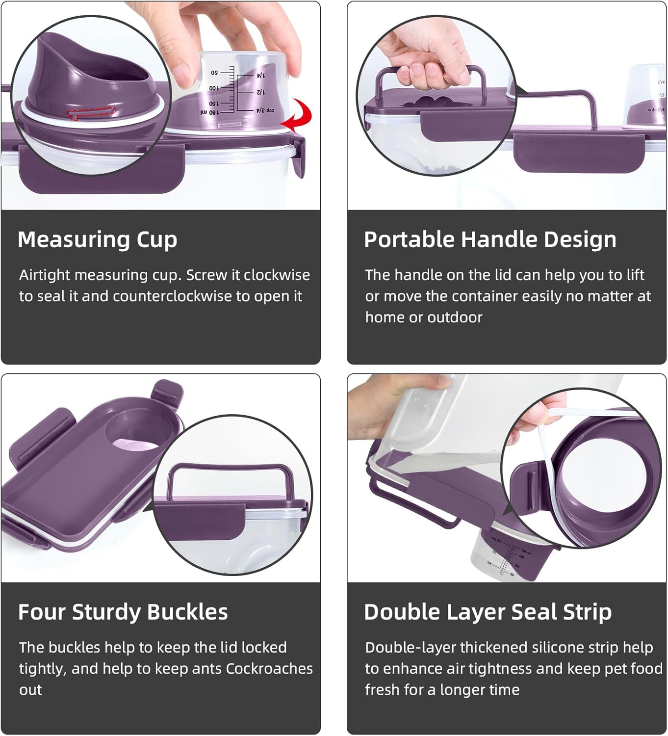 5Lbs/6Qt Airtight Pet Storage Container Translucent Body, Upgraded Large Nozzle With Handle Design For Cat Dog Bird Food and for Small Animal Kibble, Oatmeal, Rice, Flour, Brown Sugart-Purple