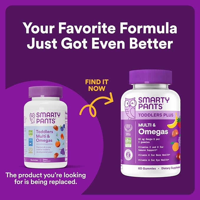 SmartyPants Toddler Multivitamin Gummies: Omega 3 Fish Oil (EPA/DHA), Vitamin D3, C, Vitamin B12, B6, A, K & Zinc, Biotin, Beta Carotene, Gluten Free, Three Fruit Flavors, 180 Count (60 Day Supply)