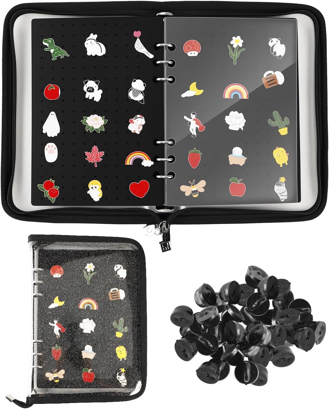 UCEC Enamel Pin Display Book & 50 PCS Rubber Pin Backs, A5 Album Pin Collection Binder for Brooch Pins, Black 6-Page Zippered Pinfolio Trading Organizer Case, Pin Storage Display Book for Enamel Badge