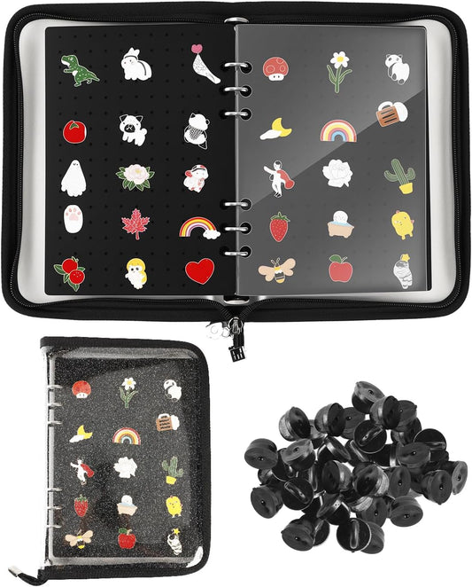 UCEC Enamel Pin Display Book & 50 PCS Rubber Pin Backs, A5 Album Pin Collection Binder for Brooch Pins, Black 6-Page Zippered Pinfolio Trading Organizer Case, Pin Storage Display Book for Enamel Badge