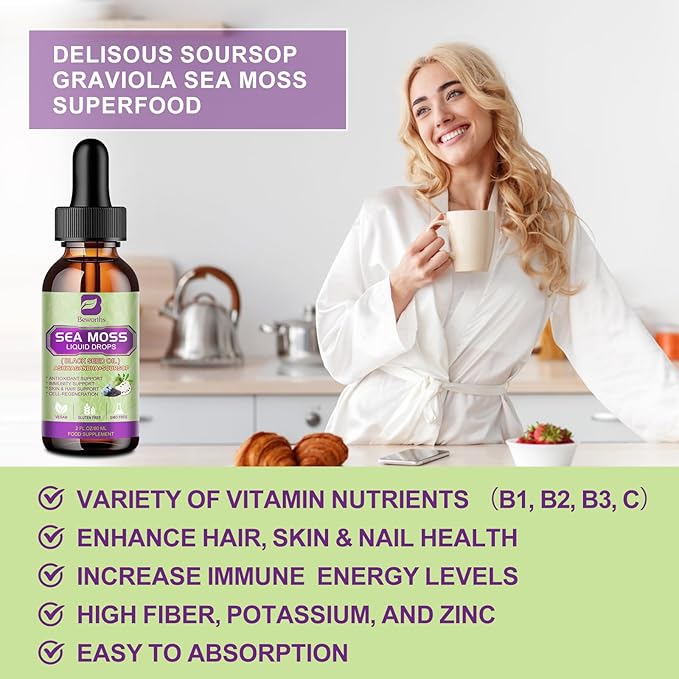 Sea Moss Liquid Drop - Black Seed Oil & Irish Sea Moss Gel with Ashwagandha, Soursop Bitters, Burdock Root, Bladderwrack, Elderberry, 6X Stronger Seamoss Supplment for Immune, Gut Health, Hair Support