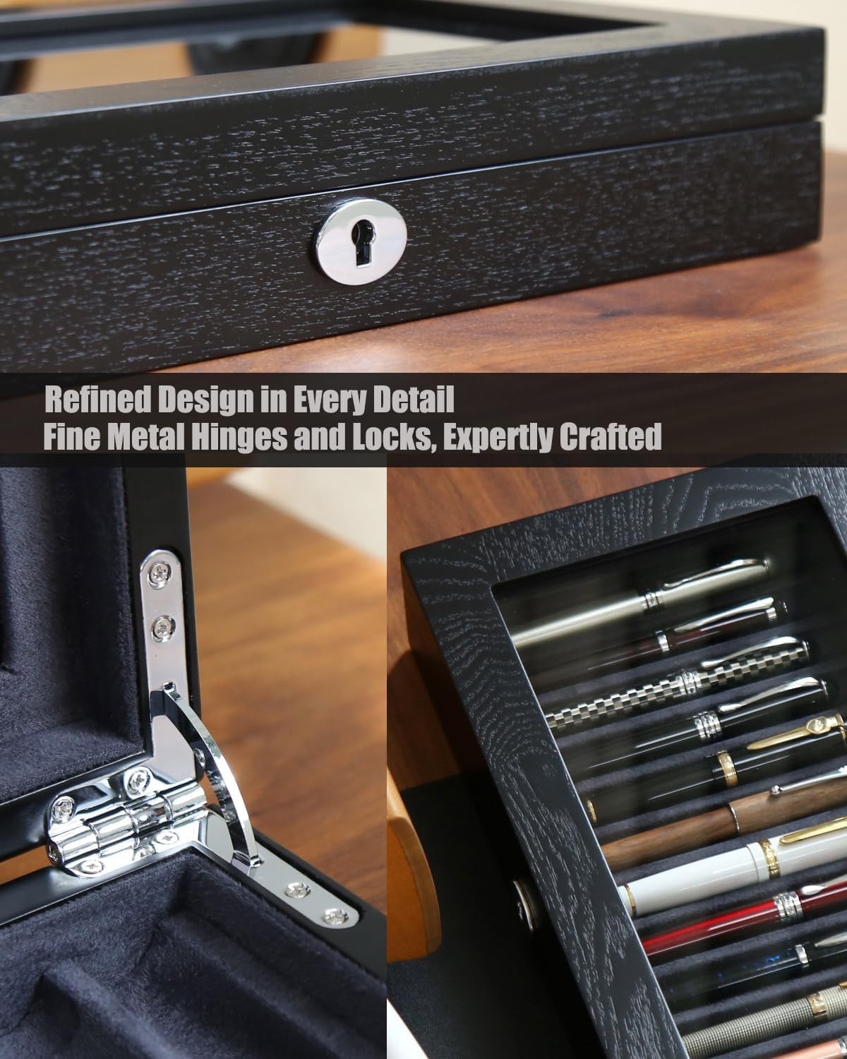 Wooden Pen Display Case – 12 Slot Lockable Fountain Pen Storage Box, Black Collectors Display with Glass Top, Gift for Men