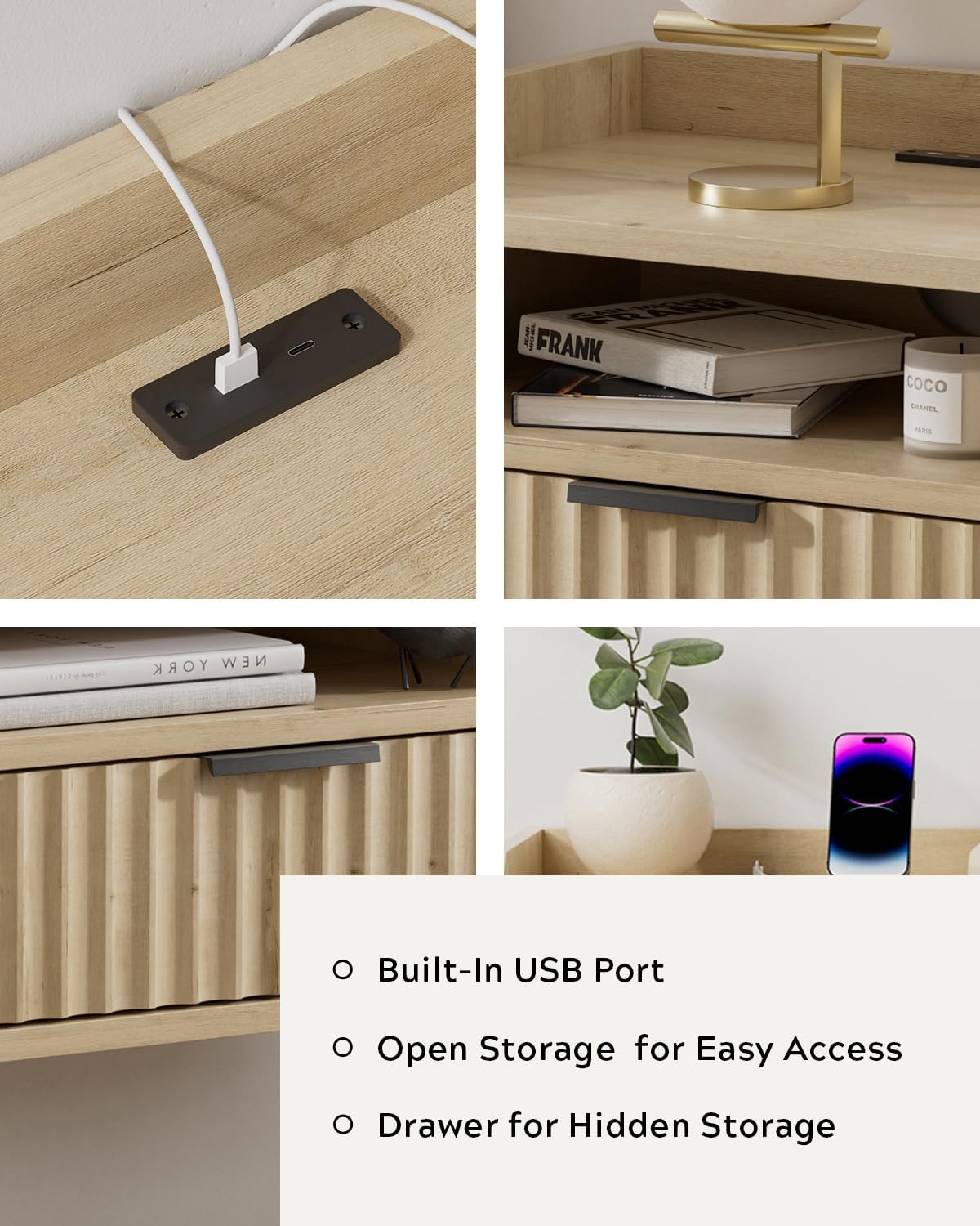 Fluted Floating Nightstands Set of 2 with Drawer, Modern Small Wall Mounted Storage Night Stand with Charging Station, Wood Bedside Table USB C & USB A Ports, Light Oak