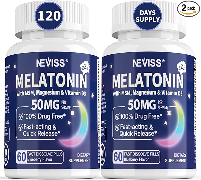 Melatonin 50 mg for Adults - Extra Strength 9-in-1 Fast Dissolve Sublingual - w/Vitamin D3 & MSM, Relaxing Herbal Blend-Ashwagandha, Lemon Balm, Passionflower,Chamomile,Sugar Free, Vegan 120 Servings