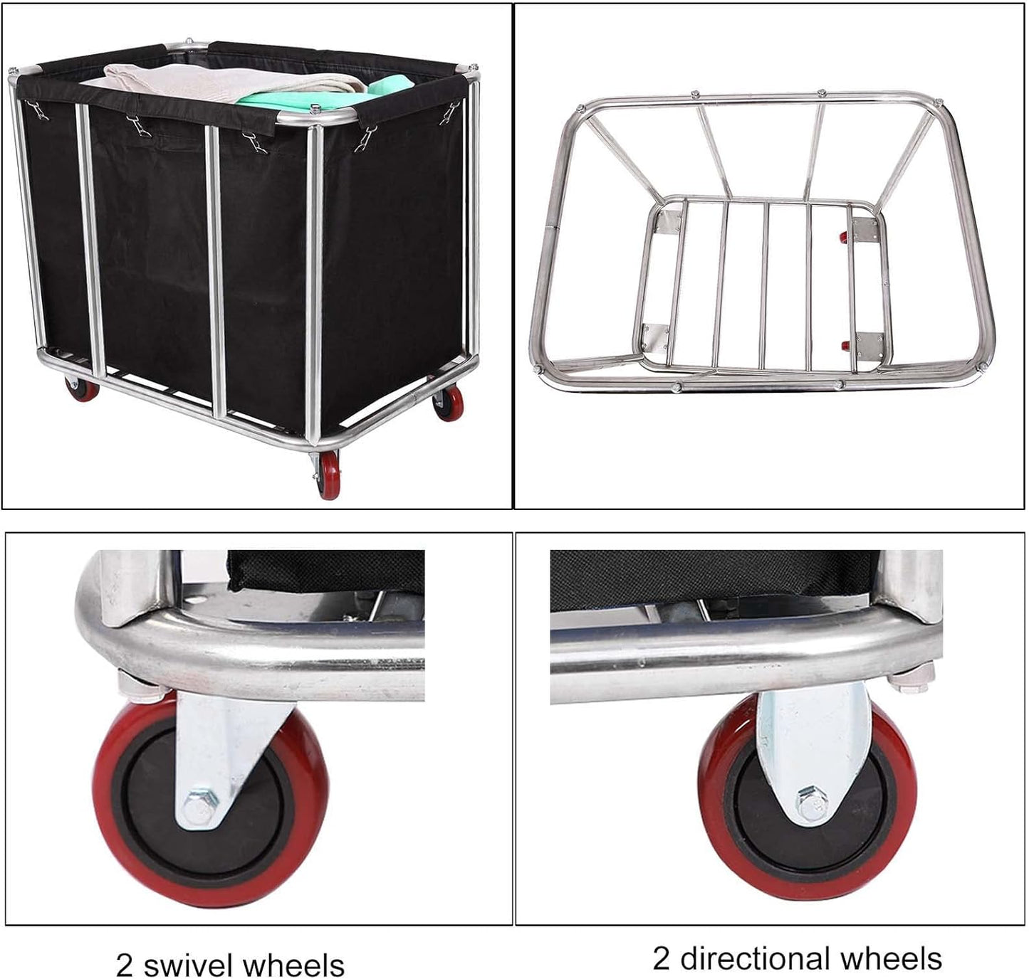 12 Bushels Laundry Cart Commercial/Home,Heavy Duty Large Stainless Steel Rolling Laundry Basket with Wheels，for Laundry Organizer and Storage,260LBS Load (12 Bushels - Black - 8 Tubes)