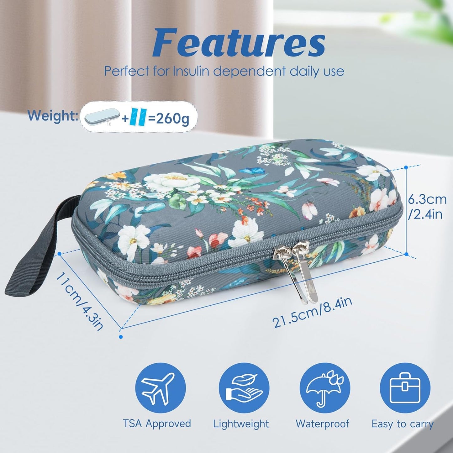 YOUSHARES Insulin Cooler Travel Case - Diabetic Insulated Organizer Portable Cooling Bag for Medication Cooling Insulation, Insulin Pen Case with 2 TSA Approved Cooler Ice Pack (Grey Gamellia)