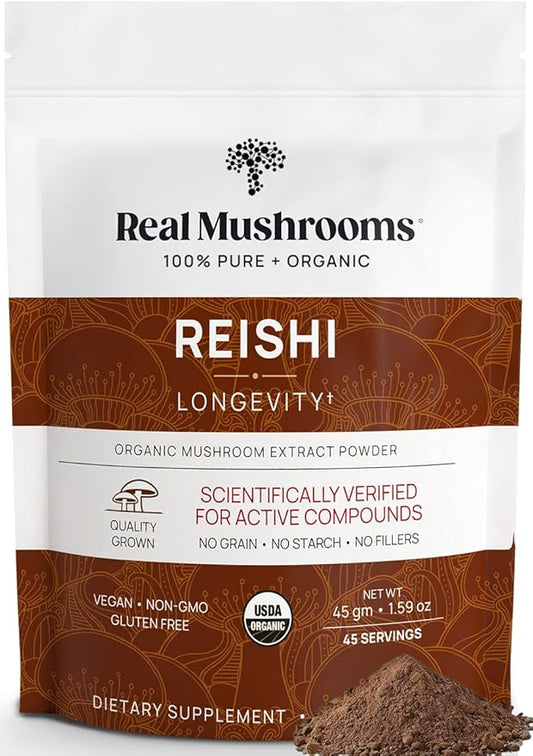 Real Mushrooms Reishi Mushroom Powder - Handpicked Organic Mushroom Extracts - Red Reishi for Tranquil Daily Wellness with Verified Beta Glucans Vegan, Non-GMO, No Grain Fillers, 45 Servings
