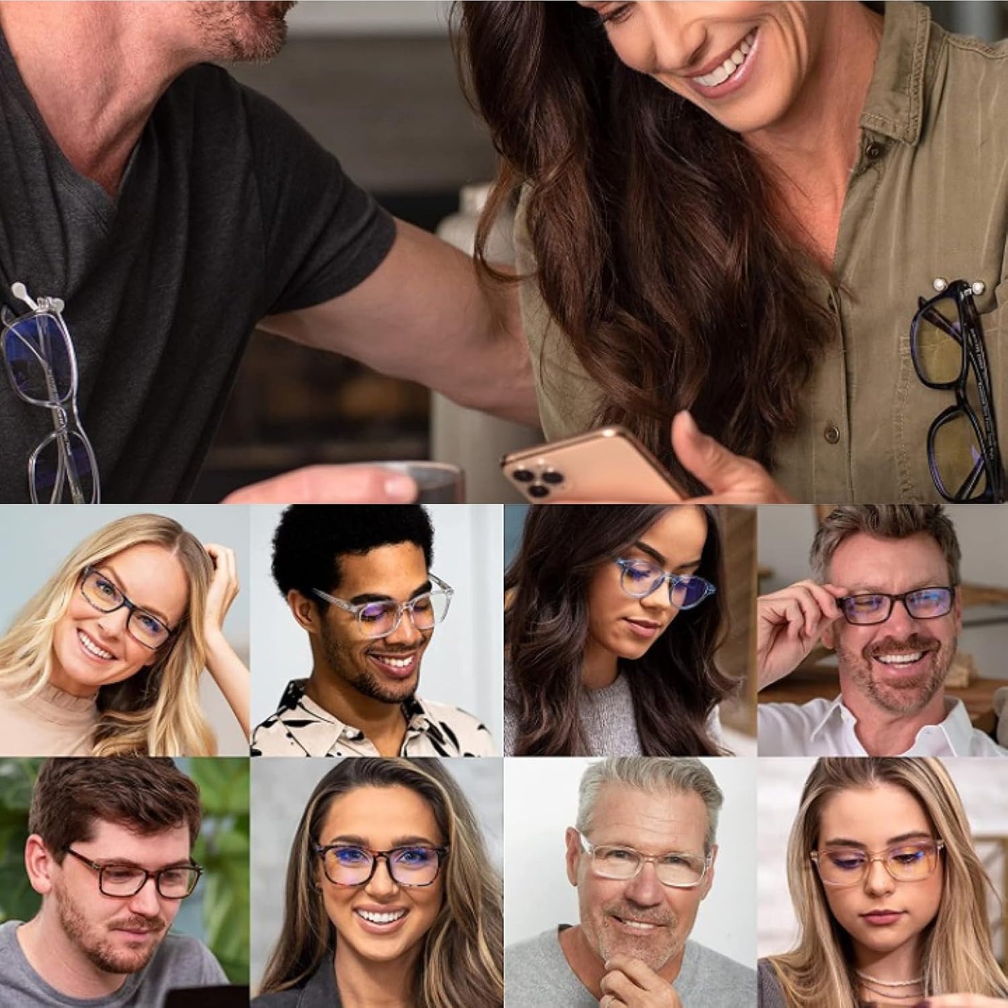 Readerest Magnetic Glasses Holders (2 Pack), Secure Clip for Reading Eyeglasses, Sunglasses & Work Badges, Glasses Holders for Men & Women, USA Made (Black & Stainless Steel + Crystals)