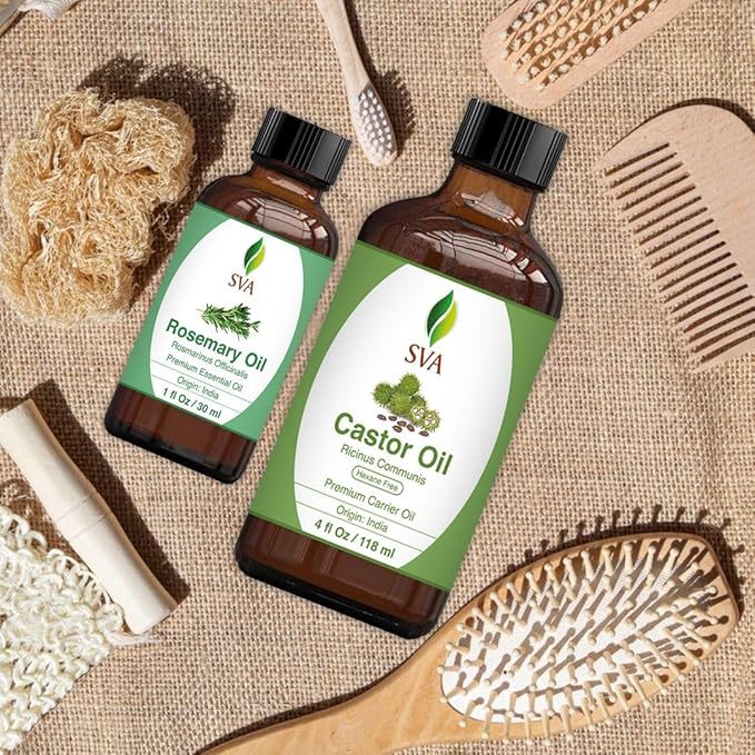 SVA Rosemary Essential Oil 1oz and Castor Oil 4oz Bundle Super Saver Combo – Premium Grade Value Set for Hair Oiling, Scalp Massage, Hair Care, Skin Care and Body Massage