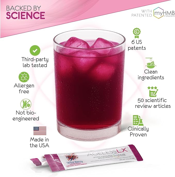 Powder Supplement for Women - with HMB Collagen Enhancer Plus Vitamin D3 with K2, Horsetail and Biotin for Lean Muscle and Stronger Hair and Nails - 30 Powder Packets, Wild Berry