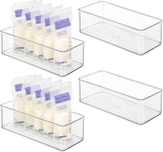 Hudgan 4 Pcs Storage Container Breastmilk for Fridge, Clear Organizer Bins for Milk Bags, Plastic Storage Bins for Freezer, Pantry, Bottles Bathroom, Vanity, Drawer and Yogurts