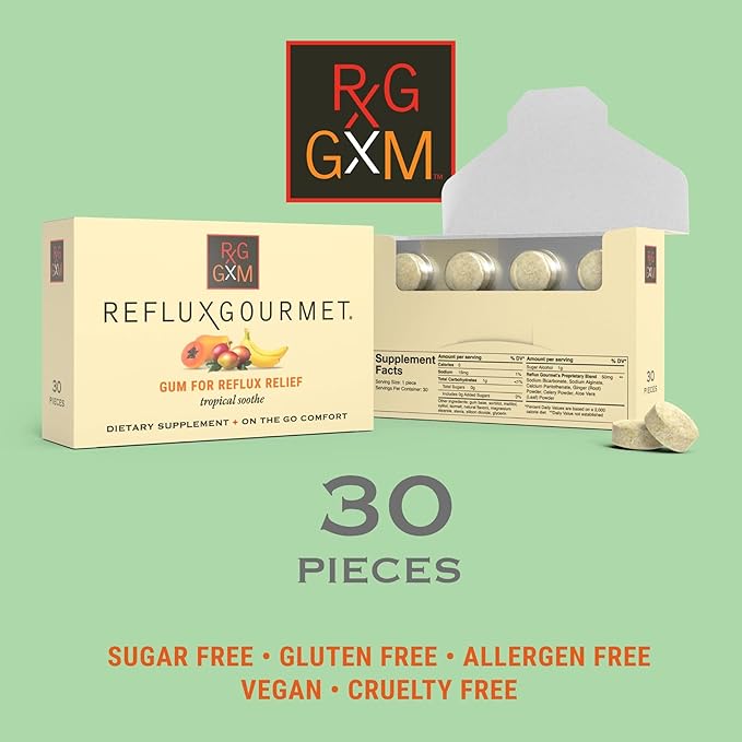 REFLUX GOURMET Tropical Soothe Gum Alginate Therapy Sodium Bicarbonate Gum for Acid Reflux, Oral, Cognitive, and Digestive Support, Natural with Ginger, Celeriac, Aloe, Sugar Free, Gluten Free, Vegan