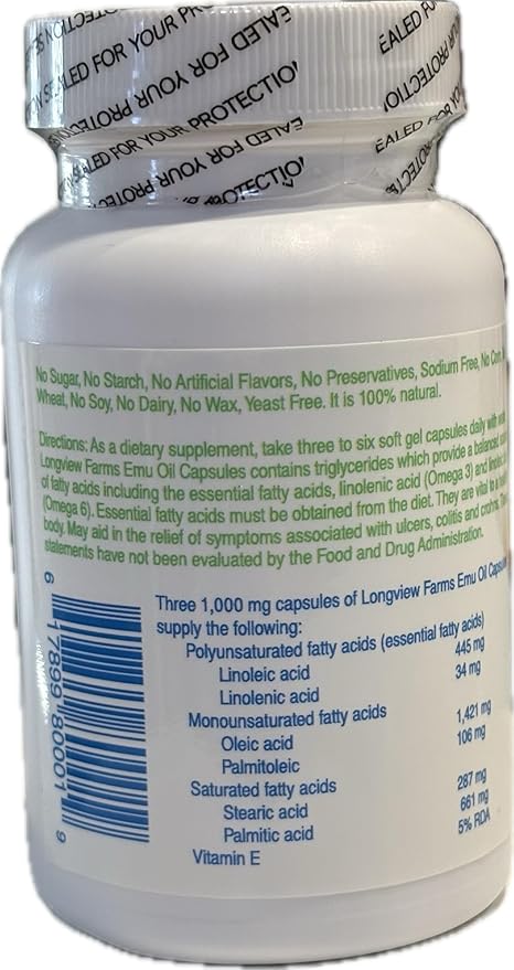 Longview Farms® Emu Oil Gel Capsules | 100% Pure Emu Oil for Skin Health, Mobility, and General Wellness | Natural Omega 3, 6, 9, and Essential Vitamins | 60 Capsules