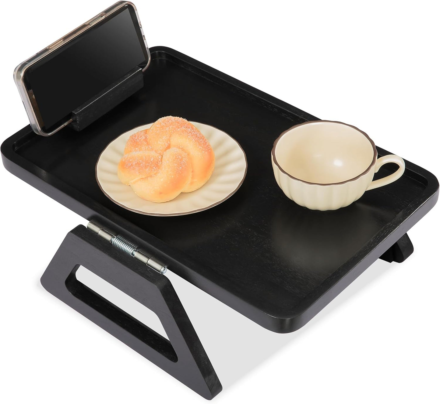 Acacia Wood Arm Table (15.35" D x 9.8" W x 5.7" H), Couch Arm Tray for TV Dinners, Remote, Foldable Armrest Organizer, Rectangular Sofa Armrest Tray - Black