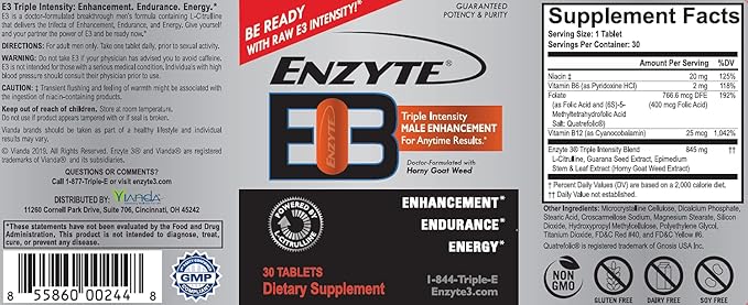 Enzyte3® Natural Male Enhancement Supplement for Energy and Endurance - L-Citrulline, Epimedium, Guarana Seed Extract, & Horny Goat Weed and More 30 Day Supply - 12 Pack Bundle