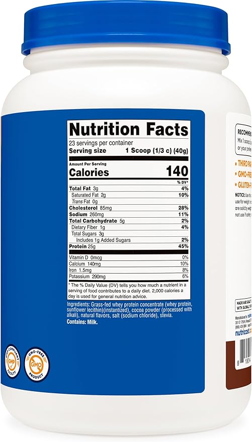 Nutricost Grass-Fed Whey Protein Concentrate (Chocolate) 2LBS - Undenatured, Non-GMO, Gluten Free, Natural Flavors