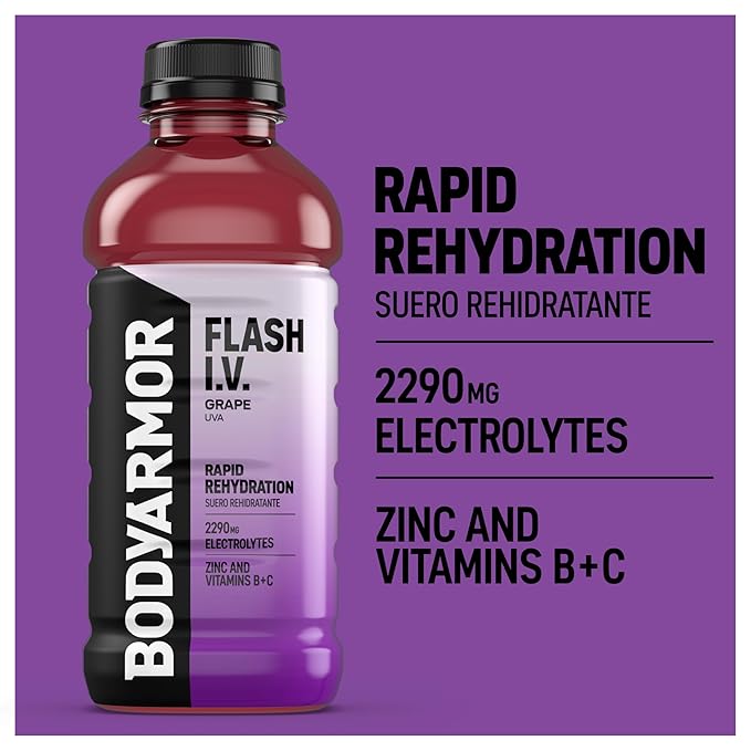 BODYARMOR Flash I.V. Electrolyte Beverage, Grape, Hydration Drink with Coconut Water For Rapid Rehydration, Post Workout Recovery, 20 Fl Oz (Pack of 12)