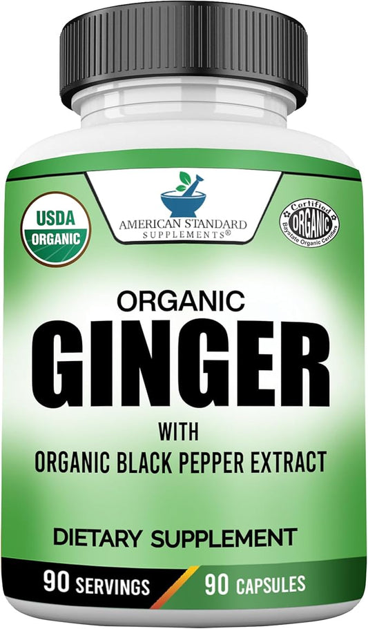 American Standard Supplements Organic Ginger Extract with Organic Black Pepper Extract, Vegan, Gluten Free, Non-GMO, 90 Capsules, 90 Servings