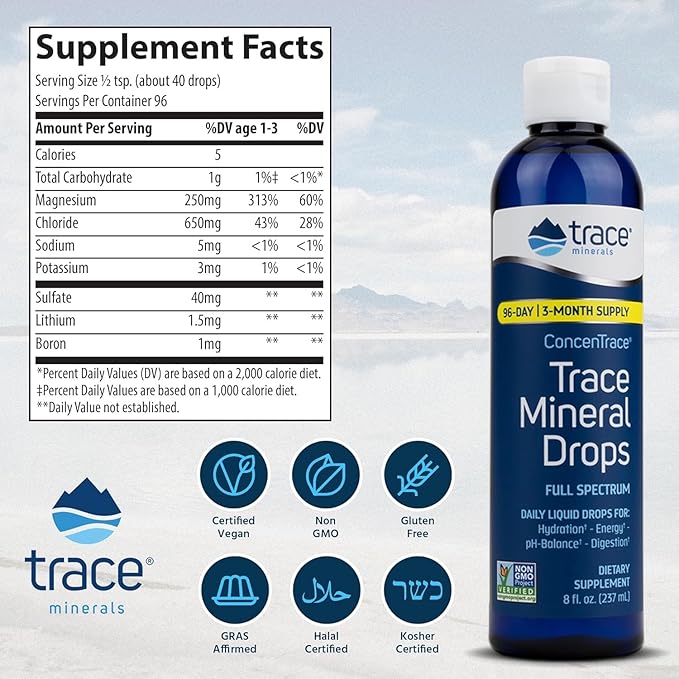 Trace Minerals ConcenTrace Trace Mineral Drops - Liquid Supplement for Bone & Joint Support - Aids Hydration & Electrolyte Restoration - Unflavored, 8 fl oz (192 Servings)