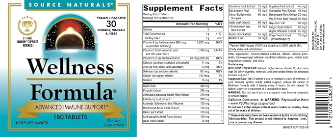 Source Naturals Wellness Formula Bio-Aligned Vitamins & Herbal Defense - Immune System Support Supplement & Immunity Booster* - 180 Tablets