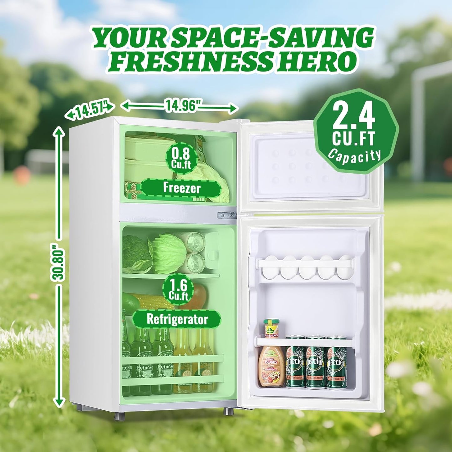 2.4 Cu.ft Mini Fridge with Top Freezer Apartment Size Dual Door Compact Refrigerator for Personal Use Small Fridge with Egg tray, 7 Temperature Control For Dorm, White