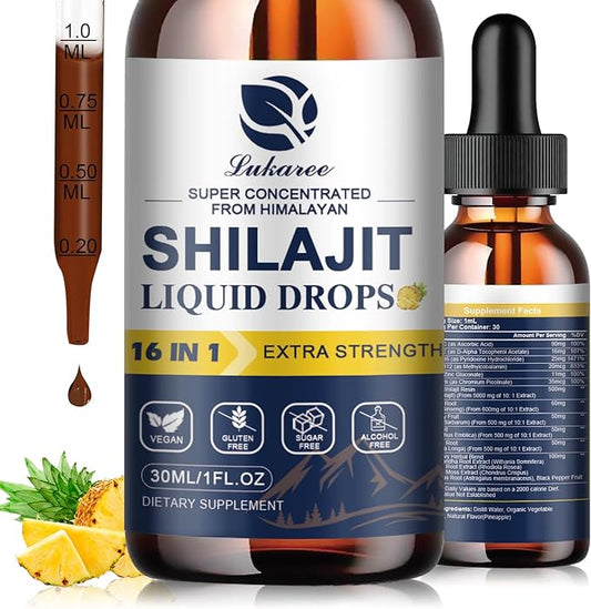 16 in 1 Shilajit Resin Liquid Drop, Shilajit W/Ginseng, Turmeric, Rhodiola, Wolfberry, Amla & Vitamins, Shilajit Supplement for Men & Women with 85+ Trace Minerals & Fulvic Acid, 1 Fl Oz