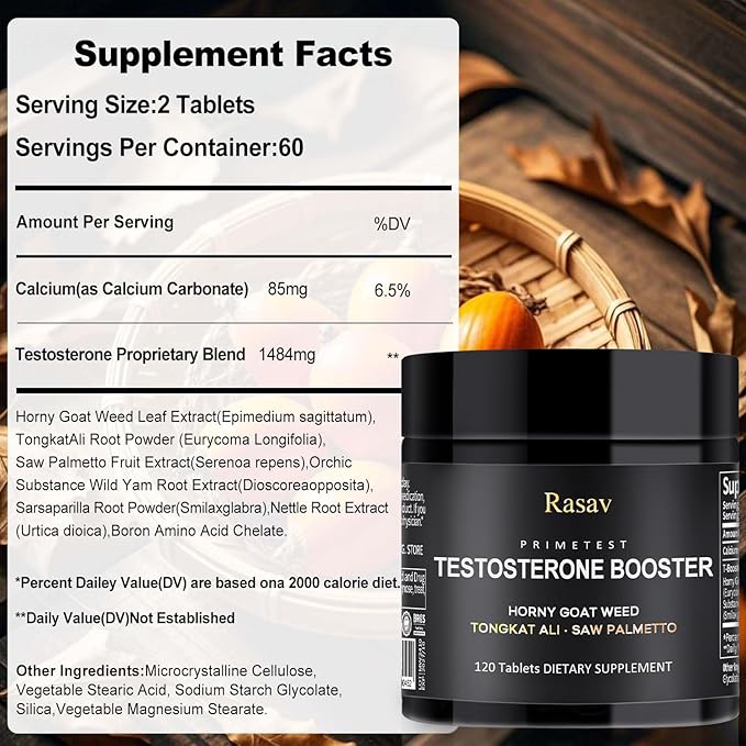 Rasav Horny Goat Weed and Tongkat Ali Supplement for Men, Testosterone Booster Supplement for Men, Male Enhancing Supplements, Supports Muscle Growth, Strength, Energy and Stamina, 120 Tablets