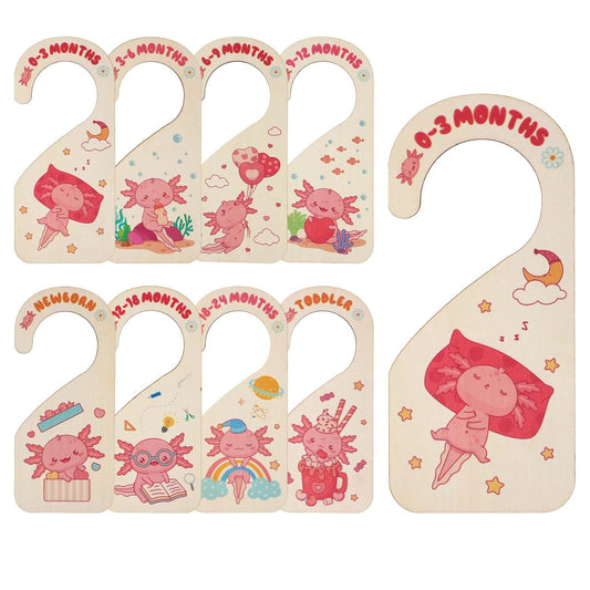 8pcs Baby Closet Dividers, Wooden Baby Wardrobe Organizer Newborn to 24 Months Axolotl-Themed Design Nursery Decor Double-Sided Nursery Hanger Dividers for Home Decor