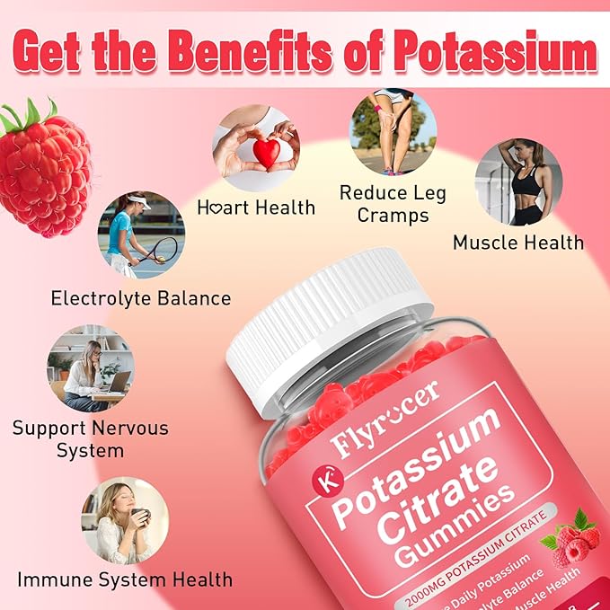 Potassium Citrate Gummies for Adults Men & Women, Potassium Supplement for Support Leg Cramps, Muscle Health & Electrolyte Balance, Vegan, Raspberry Flavor, 60 Count