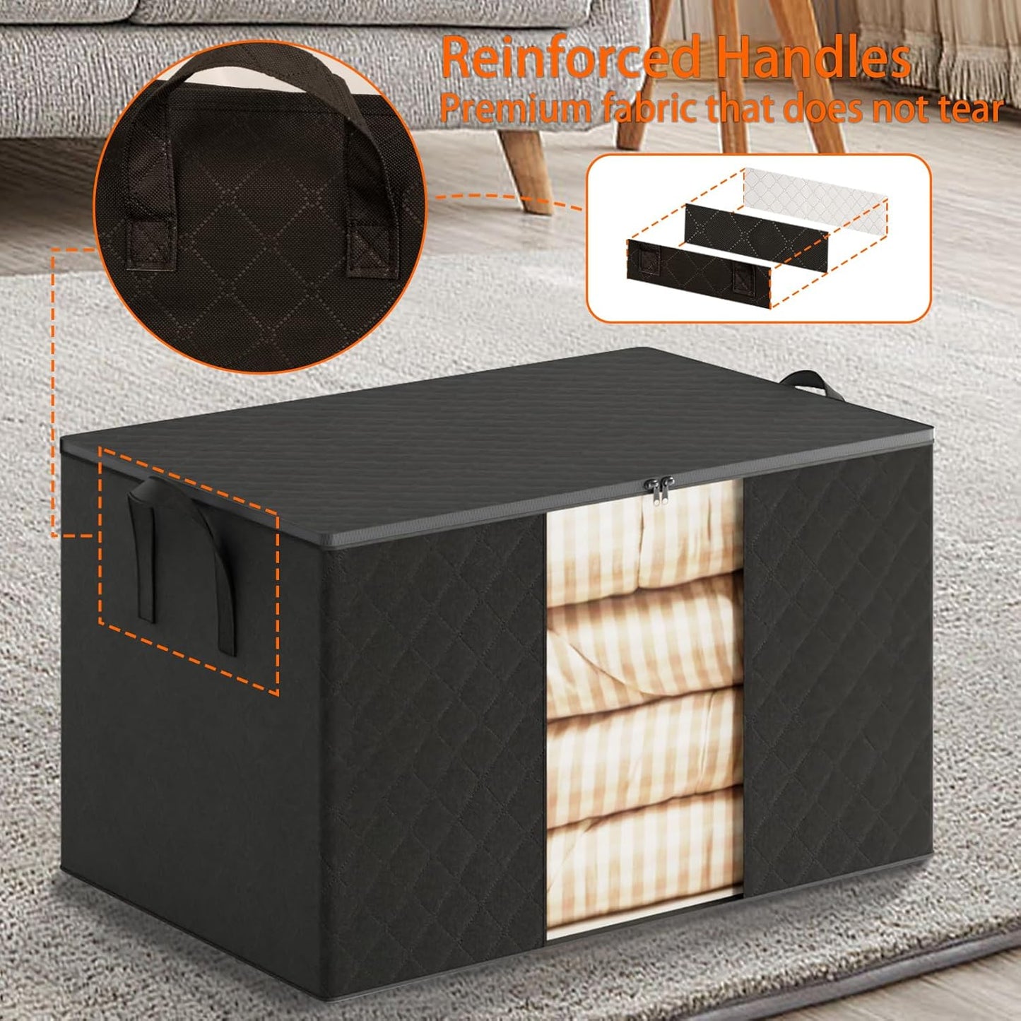 6 Pack Clothes Storage Bags - 90L Blanket Organizers and Storage for Closet Large Storage Bins with Lids and Zipper Storage Containers for King Comforter, Pillow and Sweater (Black, 6 Pack)