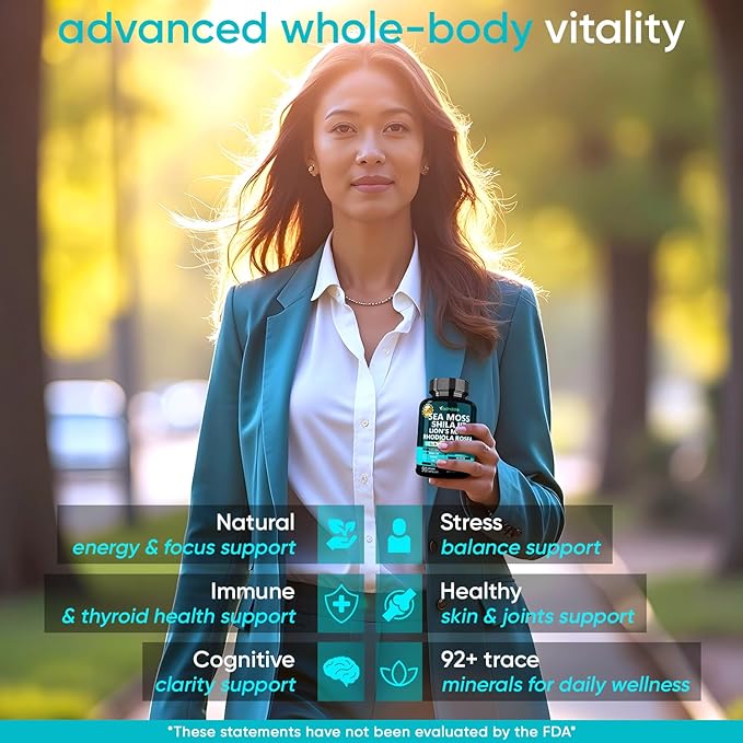 Adndale Sea Moss Capsules with Lion's Mane, Rhodiola Rosea, Shilajit for Women and Men Energy, Focus, Immune Support - 90 Count
