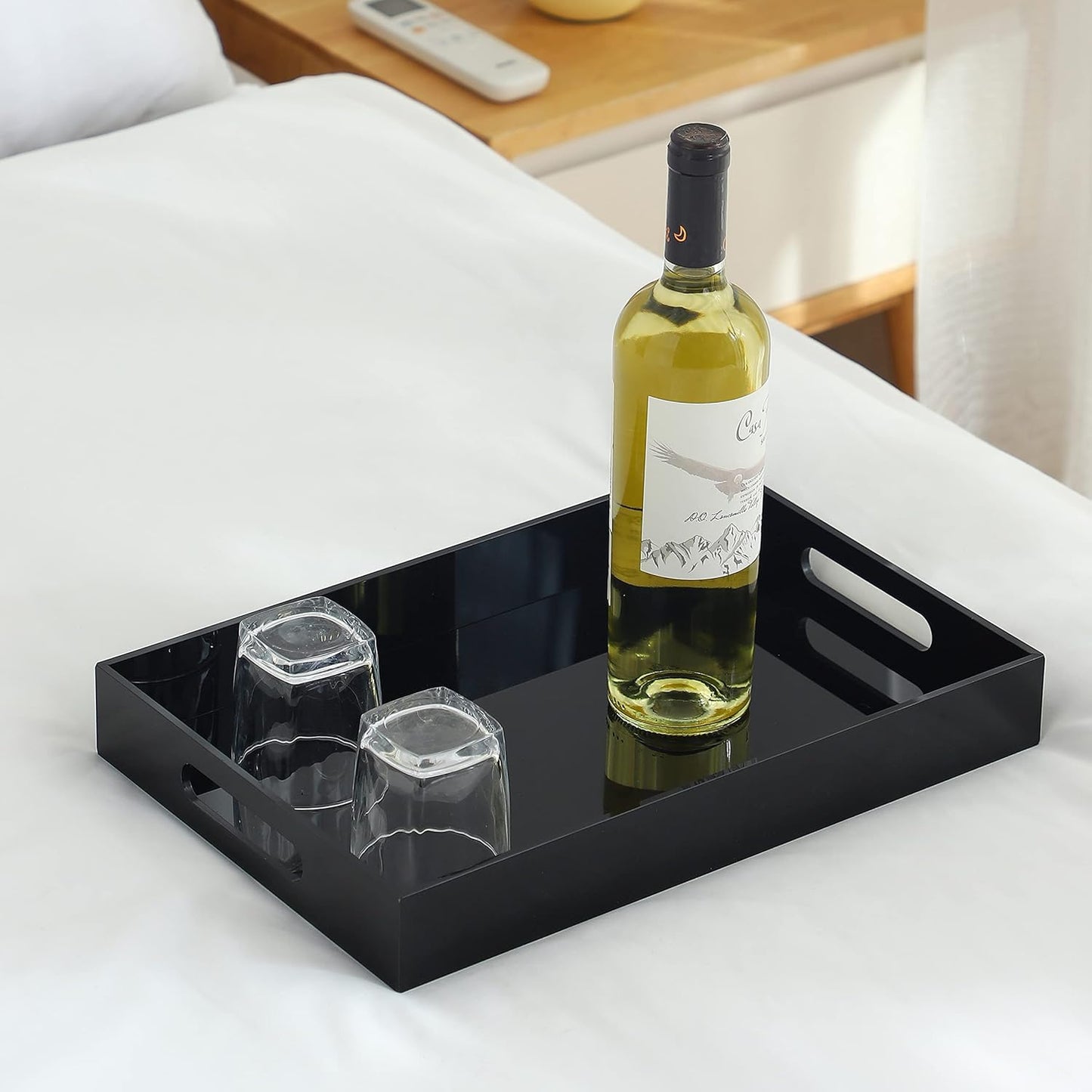 Black Oversize Acrylic Serving Tray with Handles 10x15 Inch -Spill Proof- Decorative Trays Countertop Organizer for Ottoman,Nightstand, Sidetable, Butler (10X15 Inch, Black)