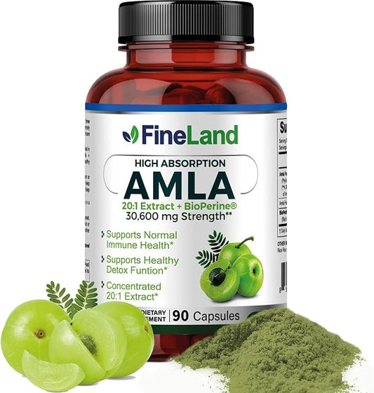 FineLand Amla (Indian Gooseberry) 20X Full Spectrum Extract – 30,600mg Equivalent per Serving with BioPerine® for Absorption, Rich in Natural Vitamin C, Immune & Digestive Support – 90 Vegan Capsules