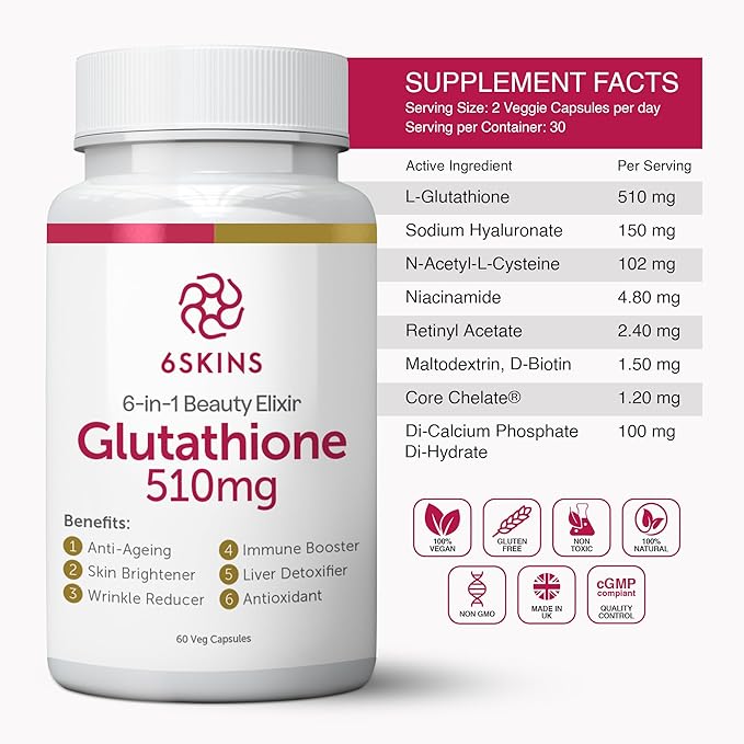 6SKINS®6in1 Beauty Elixir with Liposomal Glutathione 510mg | Glutathione Supplement 4X Better Absorption - Immune Support, Liver Detox, Powerful Antioxidant for Healthier Skin - 60 Capsules