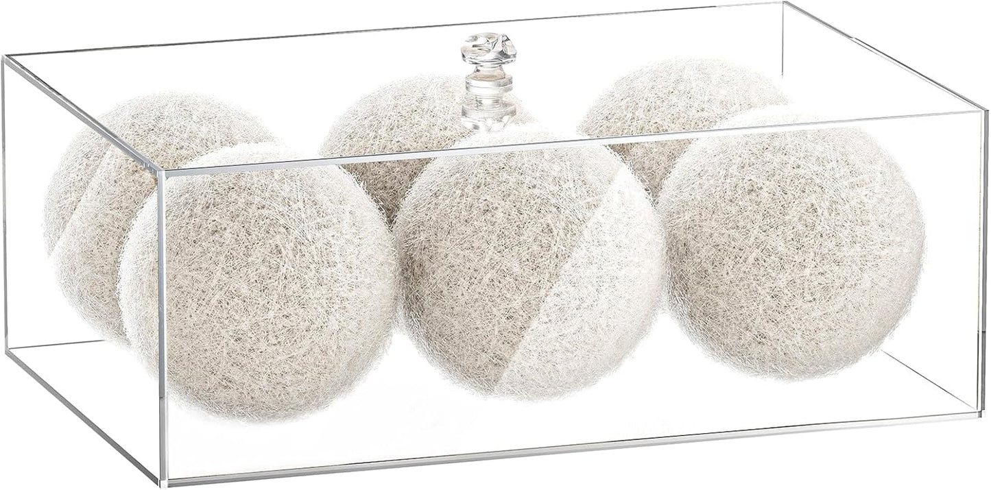 Dryer Ball Holder for Laundry Room ,Acrylic Dishwasher Pods Container with Lid,Dryer Balls Dispenser,Laundry Room Organization and storage Box for Laundry Pods,Clips,Dryer Balls and Sheets (No Balls)
