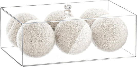 Dryer Ball Holder for Laundry Room ,Acrylic Dishwasher Pods Container with Lid,Dryer Balls Dispenser,Laundry Room Organization and storage Box for Laundry Pods,Clips,Dryer Balls and Sheets (No Balls)