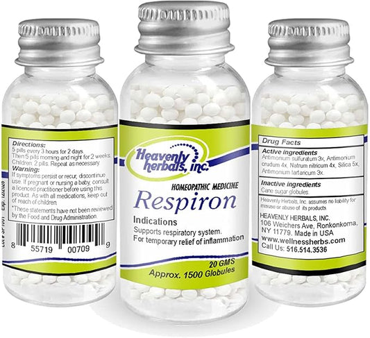 Heavenly Herbals, Inc. Respiron Homeopathic Pills 20 Gram, Approx 1500 Globules Packing | Manufactured in FDA Registered Facility | Non-GMO, Gluten Free | Money Back Guarantee!