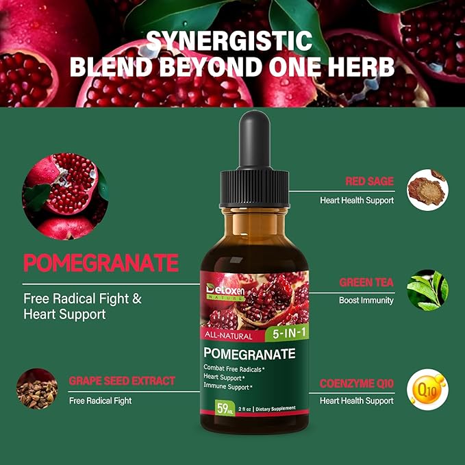 Pomegranate Extract Supplement Drops for Heart and Immune Support, 5-in-1 Fast Absorbing Herbal Supplements with Red Sage Coenzyme Q10 Green Tea. 2 oz