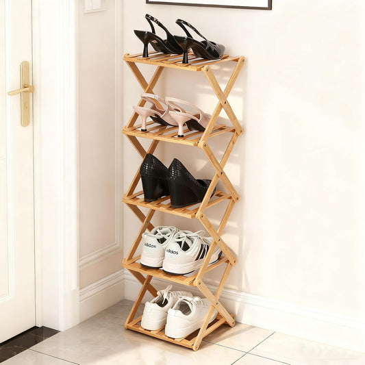 Bamboo Shoe Rack 5 Tier Foldable Shoe Rack Vertical Bamboo Shoe Organizer Free Standing Shelf for Entryway, Closet, Bedroom, Wood Color