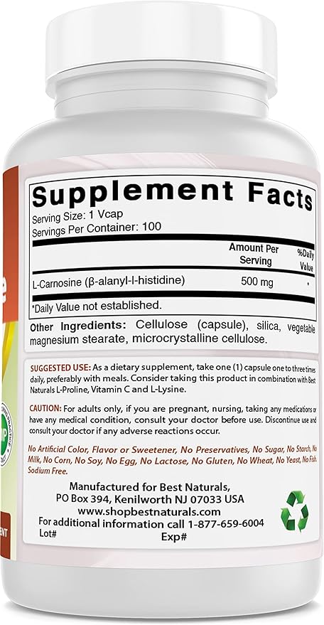 Best Naturals L-Carnosine 500 mg 100 Vcaps (100 Count (Pack of 3))